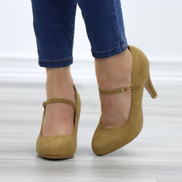 Taupe Suede Low Heel Rockabilly Pumps - Picture 3 of 11
